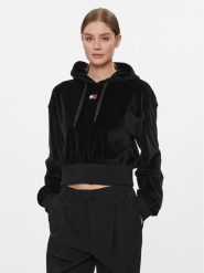 Tommy Jeans Bluza Velour DW0DW17519 Czarny Regular Fit. Czarne bluzy Tommy Jeans, xs, bez wzorów, z bawełny, bez kaptura. Za 289.99 zł.