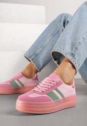 Różowe Sneakersy Tenisówki z Ozdobnymi Paskami Melinella. Czerwone trampki Born2be, bez wzorów, z jeansu, eleganckie, bez zapięcia. Za 89.99 zł.