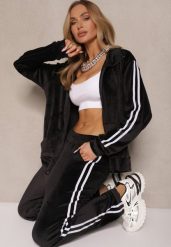 Czarny Komplet Dresowy Spodnie i Bluza Rozpinana Ozdobiona Paskami Mirwia. Czarne bluzy Renee, xl, bez wzorów, z dresówki, bez kaptura. W wyprzedaży za 63.99 zł.