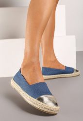 Niebieskie Espadryle z Ozdobnym Noskiem na Plecionej Podeszwie Effiel. Niebieskie espadryle Renee, bez wzorów, z jeansu, eleganckie, bez obcasa. W wyprzedaży za 23.99 zł.