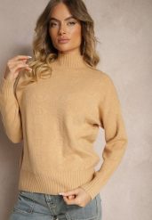 Beżowy Golf Sweter z Tłoczeniem i Ściągaczami Melovira. Brązowe swetry Renee, z aplikacjami, z jeansu, eleganckie, bez ramiączek. Za 79.99 zł.