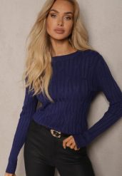 Granatowy Sweter z Wiskozą i Ozdobnym Splotem Saviana. Niebieskie swetry Renee, bez wzorów, z jeansu, casualowe, bez ramiączek. W wyprzedaży za 87.99 zł.