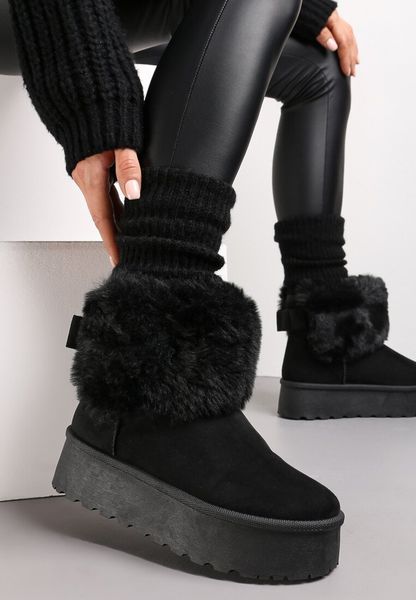 Czarne Śniegowce na Platformie z Ozdobnym Futerkiem Tiran. Czarne śniegowce Renee, bez wzorów, bez zapięcia. Za 119.99 zł.