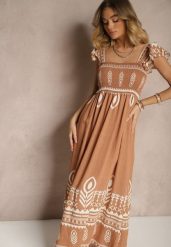 Brązowa Wiskozowa Sukienka Rozkloszowana w Ornamentalny Wzór Lisaretia. Brązowe sukienki Renee, na co dzień, l, z aplikacjami, z wiskozy, eleganckie, bez kołnierzyka, bez ramiączek, maxi, rozkloszowane. W wyprzedaży za 58.49 zł.