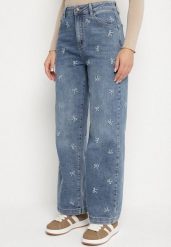 Niebieskie Szerokie Jeansy z Wysokim Stanem Zdobione Haftem w Kokardki Saliadia. Niebieskie jeansy Born2be, l, z aplikacjami, z jeansu, klasyczne, z podwyższonym stanem. Za 129.99 zł.