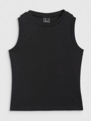 4F Top slim gładki damski - czarny M. Czarne topy 4f, m, bez wzorów, z bawełny, klasyczne, bez kołnierzyka, bez ramiączek. Za 39.99 zł.