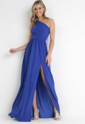 Granatowa Sukienka Maxi Na Jedno Ramię z Rozcięciem na Dole Jasminta. Niebieskie sukienki Born2be, na imprezę, l, bez wzorów, eleganckie, z asymetrycznym kołnierzem, bez ramiączek, maxi, asymetryczne. W wyprzedaży za 152.99 zł.