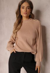 Beżowy Sweter Dzianinowy z Długim Rękawem i Guzikami Kithi. Brązowe swetry Renee, bez wzorów, z dzianiny, casualowe, bez ramiączek. W wyprzedaży za 119.99 zł.