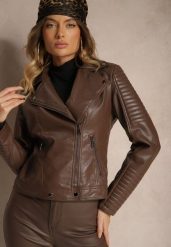 Ciemnobrązowa Motocyklowa Kurtka Ramoneska o Taliowanym Kroju z Kołnierzem Zinrea. Brązowe kurtki Renee, m, bez wzorów, z jeansu, eleganckie, bez kaptura. W wyprzedaży za 104.99 zł.
