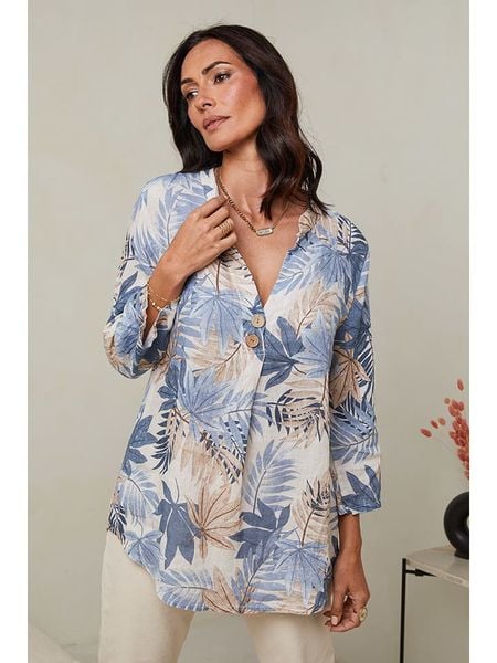 Le Monde du Lin Lniana tunika w kolorze kremowo-błękitnym rozmiar: 36/38. Brązowe tuniki Le Monde du Lin, bez wzorów, ze lnu, klasyczne, bez kołnierzyka, bez ramiączek. Za 136.45 zł.