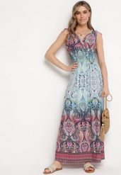 Jasnoniebieska Sukienka Boho na Lato ze Sznurkami na Ramionach i Gumką w Talii Aharleta. Niebieskie sukienki Born2be, l, bez wzorów, boho, bez kołnierzyka, bez ramiączek, maxi. Za 79.99 zł.