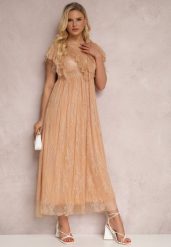 Beżowa Sukienka Katalina. Brązowe sukienki Renee, s, bez wzorów, z koronki, bez kołnierzyka, bez ramiączek, maxi. W wyprzedaży za 142.99 zł.