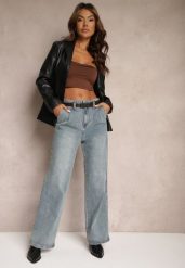 Jasnoniebieskie Bawełniane Szerokie Jeansy High Waist Ozdobione Paskiem Terilainas. Niebieskie jeansy Renee, l, bez wzorów, z bawełny, biznesowe, z podwyższonym stanem, długie. W wyprzedaży za 111.99 zł.