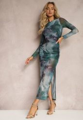 Zielona Siateczkowa Sukienka Bodycon w Marmurkowy Wzór z Rozcięciem na Dole Valerimes. Zielone sukienki Renee, na co dzień, l, bez wzorów, bez kołnierzyka, bez ramiączek, maxi, bodycon. W wyprzedaży za 119.99 zł.