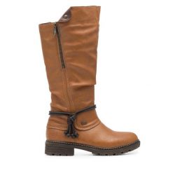 Kozaki Rieker. Brązowe kozaki Rieker, bez wzorów, bez obcasa, na słupku, bez zapięcia. Za 359.99 zł.