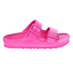 Klapki damskie Birkenstock Arizona Eva. Czerwone klapki Birkenstock, bez wzorów, z materiału, bez obcasa, bez zapięcia. Za 367.00 zł.