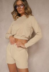 Beżowy Komplet z Bawełny w Sportowym Stylu Bluza z Kapturem i Szorty Izurea. Brązowe bluzy Renee, na lato, bez wzorów, z bawełny, klasyczne, bez ramiączek, z kapturem. W wyprzedaży za 95.99 zł.