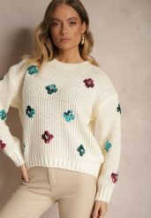 Jasnobeżowy Sweter z Wiskozą Zdobiony Cekinowymi Aplikacjami z Kwiatami Edalora. Brązowe swetry Renee, l, z aplikacjami, z jeansu, casualowe, bez ramiączek. W wyprzedaży za 79.99 zł.
