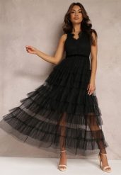 Czarna Sukienka Koktajlowa z Koronkową Górą i Rozkloszowanym Tiulowym Dołem Venisa. Czarne sukienki Renee, na imprezę, m, bez wzorów, z koronki, eleganckie, bez kołnierzyka, bez ramiączek, maxi, rozkloszowane. W wyprzedaży za 175.99 zł.