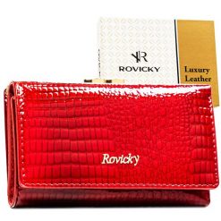 Średni portfel damski ze skóry naturalnej w czerwonym kolorze zamykany na bigiel i zatrzask RH-23-1-RS Rovicky. Czerwone portfele ROVICKY, bez wzorów, z lakierowanej skóry. Za 94.99 zł.