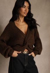 Brązowy Oversizowy Sweter z Dodatkiem Wełny Zdobiony Węzłem Lawedana. Brązowe swetry Renee, l, z aplikacjami, z wełny, casualowe, bez ramiączek. Za 139.99 zł.