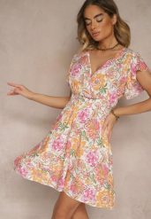 Pomarańczowa Kwiatowa Kopertowa Sukienka z Bawełny Ulosiana. Brązowe sukienki Renee, na co dzień, l, bez wzorów, z bawełny, eleganckie, bez kołnierzyka, bez ramiączek, mini, kopertowe. W wyprzedaży za 39.99 zł.