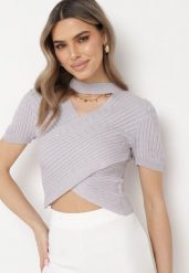 Szara Bluzka Krótka ze Stójką z Dekoltem w V Asie. Szare bluzki Born2be, s, bez wzorów, eleganckie, bez kołnierzyka, bez ramiączek. Za 89.99 zł.