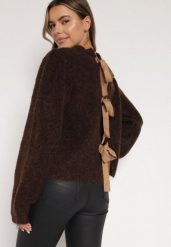 Brązowy Kardigan z Wełną i Bufiastymi Rękawami Wiązany na Plecach Tuseleia. Brązowe swetry Born2be, l, bez wzorów, z jeansu, bez ramiączek. Za 149.99 zł.