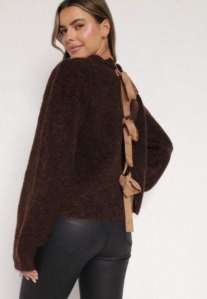 Brązowy Kardigan z Wełną i Bufiastymi Rękawami Wiązany na Plecach Tuseleia. Brązowe swetry Born2be, l, bez wzorów, z jeansu, bez ramiączek. Za 149.99 zł.