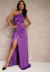 Fioletowa Marszczona Sukienka o Asymetrycznym Kroju z Rozcięciem Taliona. Fioletowe sukienki Renee, na imprezę, m, bez wzorów, klasyczne, z asymetrycznym kołnierzem, bez ramiączek, maxi, asymetryczne. Za 139.99 zł.