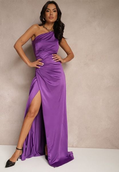 Fioletowa Marszczona Sukienka o Asymetrycznym Kroju z Rozcięciem Taliona. Fioletowe sukienki Renee, na imprezę, m, bez wzorów, klasyczne, z asymetrycznym kołnierzem, bez ramiączek, maxi, asymetryczne. Za 139.99 zł.