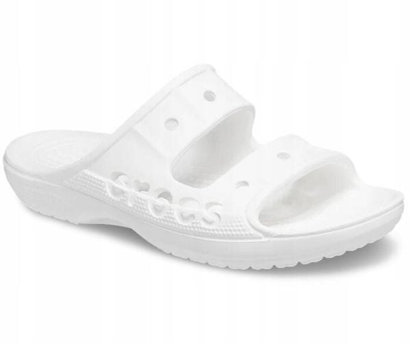 Klapki Dla Dorosłych Crocs Baya Sandal. Białe klapki Crocs, bez wzorów, z materiału, bez obcasa, bez zapięcia. Za 119.99 zł.
