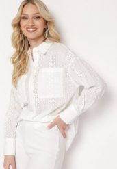 Biała Wiskozowa Koszula w Ażurowy Wzór Asaimes. Białe koszule Born2be, m, w ażurowe wzory, z wiskozy, bez kołnierzyka, bez ramiączek. Za 159.99 zł.