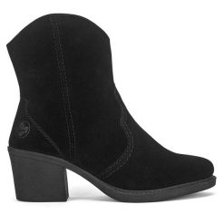 Kowbojki Rieker. Czarne botki Rieker, bez wzorów, bez obcasa, na słupku, bez zapięcia. Za 319.99 zł.