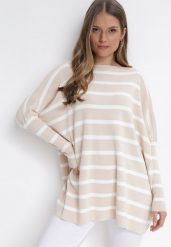 Beżowy Sweter Oversize w Paski z Rękawami Nietoperz Caelania. Brązowe swetry Born2be, bez wzorów, bez ramiączek. W wyprzedaży za 101.99 zł.