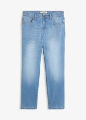 Jeansy straight, mid waist, cropped. Niebieskie jeansy bonprix, bez wzorów, z jeansu. Za 142.99 zł.