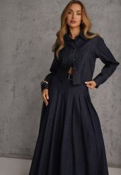 Granatowy Komplet z Bawełniano-Wiskozowej Imitacji Jeansu z Koszulą i Spódnicą z Paskiem Andaig. Niebieskie koszule Renee, m, bez wzorów, z bawełny, eleganckie, bez kołnierzyka, bez ramiączek. Za 299.99 zł.