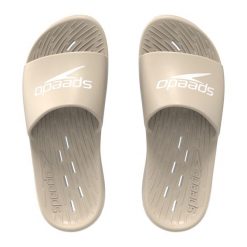 Klapki basenowe antypoślizgowe damskie Speedo Slides. Brązowe klapki Speedo, bez wzorów, z materiału, bez obcasa, bez zapięcia. Za 86.98 zł.
