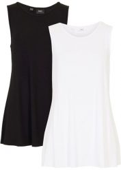 Długi top z miękkiej wiskozy (2 szt.). Białe topy bonprix, bez wzorów, z wiskozy, bez kołnierzyka, bez ramiączek. Za 79.99 zł.