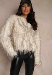 Biała Kurtka Futerko Ozdobione Cieniowaniem Tusirra. Białe kurtki Renee, l, bez wzorów, z futra, eleganckie, bez kaptura. Za 209.99 zł.