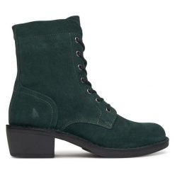Botki Fly London. Zielone botki Fly London, bez wzorów, bez obcasa, na słupku, bez zapięcia. Za 749.99 zł.