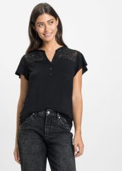 T-shirt z dekoltem henley z mieszanki wiskozy. Czarne t-shirty bonprix, bez wzorów, z koronki, bez kołnierzyka, bez ramiączek. Za 64.99 zł.