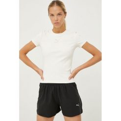 Puma t-shirt damski kolor beżowy. Brązowe t-shirty Puma, bez wzorów, z dzianiny, bez kołnierzyka, bez ramiączek. Za 139.99 zł.