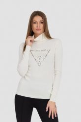 GUESS Biały damski golf Piper Triangle Logo. Białe swetry Guess, s, z aplikacjami, z materiału, eleganckie, bez ramiączek. W wyprzedaży za 246.99 zł.