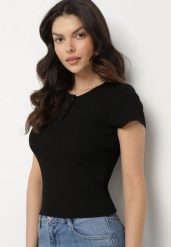 Czarny T-shirt Bawełniany w Prążki z Guzikami Balirea. Czarne t-shirty Born2be, m, bez wzorów, z bawełny, eleganckie, bez kołnierzyka, bez ramiączek. Za 69.99 zł.