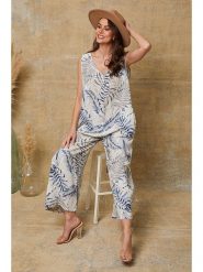 Joséfine Lniany kombinezon "Magda" w kolorze beżowo-granatowym rozmiar: XL. Brązowe kombinezony Joséfine, xl, bez wzorów, ze lnu, bez kołnierzyka, bez ramiączek. Za 165.71 zł.