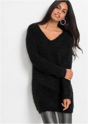 Puszysty długi sweter. Czarne swetry bonprix, bez wzorów, bez ramiączek. Za 129.99 zł.