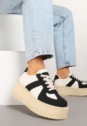 Czarno-Beżowe Sneakersy Typu Tenisówki na Żłobionej Platformie Lorreia. Czarne trampki Renee, bez wzorów, z jeansu, eleganckie, bez zapięcia. W wyprzedaży za 83.99 zł.