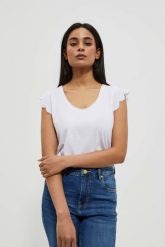 Bluzka z ozdobnym rękawem biała. Białe bluzki MOODO, s, bez wzorów, z bawełny, bez kołnierzyka, bez ramiączek. W wyprzedaży za 16.99 zł.