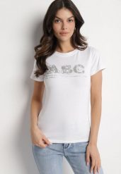 Biały T-shirt Bawełniany z Naszywką i Cekinami Olisaria. Białe t-shirty Born2be, m, z aplikacjami, z bawełny, klasyczne, bez kołnierzyka, bez ramiączek. Za 49.99 zł.